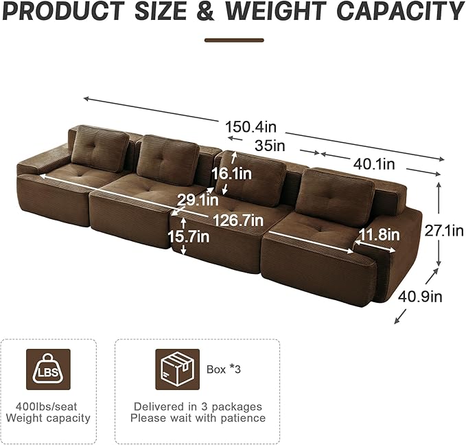 150" Modern Corduroy Cloud Sofa, Boneless Modular Large Sectional Couches for Living Room, Brown 4 Seater Compressed Memory Foam Couch, Extra Deep Seat, No Assembly