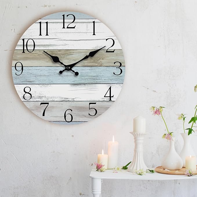 HYLANDA Wall Clock, 14 Inch Wall Clocks Battery Operated Silent Non Ticking, Large Wooden Clocks Decorative for Kitchen, Bathroom, Bedroom, Living Room Blue White