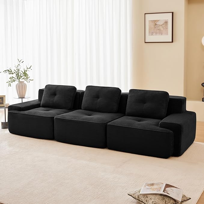 115" Modern Corduroy Cloud Sofa, Boneless Modular Large Sectional Couches for Living Room, Black 3 Seater Compressed Memory Foam Couch, Extra Deep Seat, No Assembly