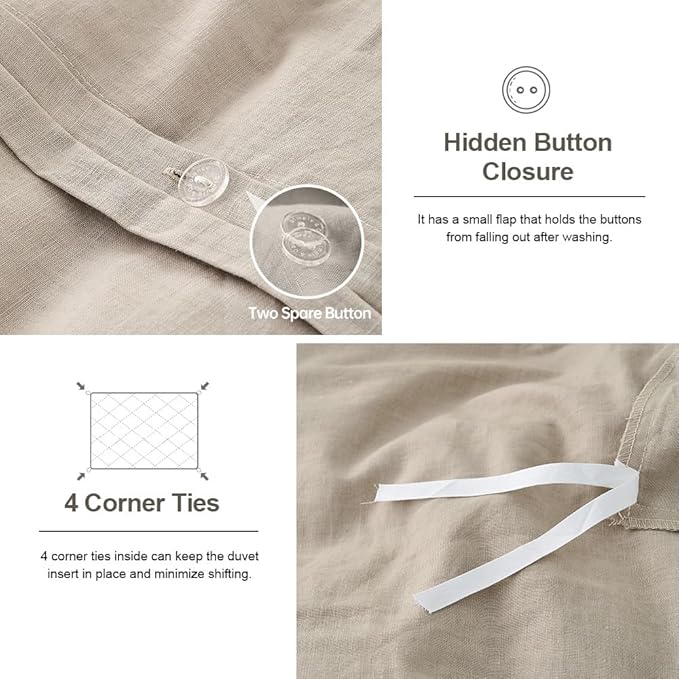 Simple&Opulence French Linen Duvet Cover Set- 104"x 92" - 3 Pieces (1 Comforter Cover,2 Pillowcases)-Natural Flax Cotton Blend-Solid Color Breathable Farmhouse Bedding - Khaki, King