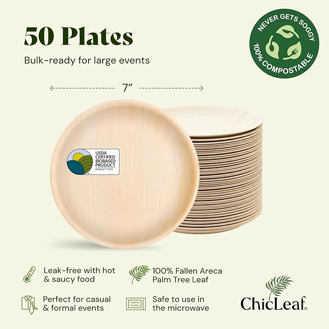 Chic Leaf Palm Leaf Disposable Bamboo Plates - Palm Leaf Plates for Weddings & Event Appetizers - Biodegradable & Compostable - Christmas Meal Turkey Holiday Dinner, Party Supplies (7", 50 Pack)