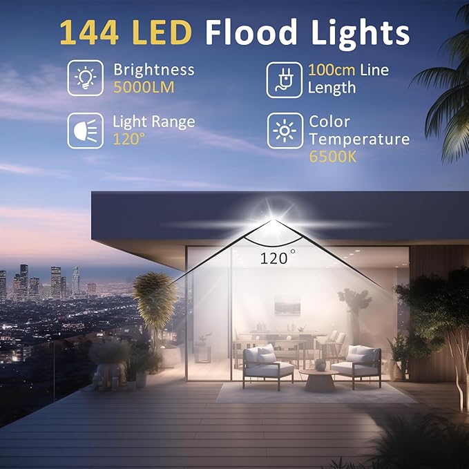 100W LED Flood Light Outdoor, 10000LM Super Bright Floodlight Outside Work Lightwith Plug, 6500K Daylight White LED Flood Light Outdoor, IP66 Waterproof Outdoor Flood Light-1Pack