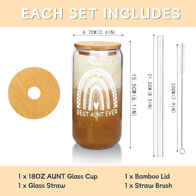 Mason Life Aunt Gifts, Nutritional Facts Glass Cup, 20 OZ Coffee Glass Cup, Best Aunt Ever Gifts from Niece,Nephew Birthday Gift