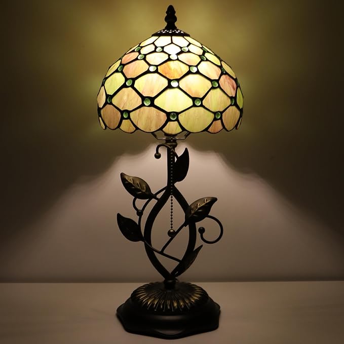 Small Tiffany Lamp Amber Green Pearl Style Stained Glass Table Lamps Desk Bedside Reading Light 8X8X18 Inches with Bronze Metal Leaf Resin Base