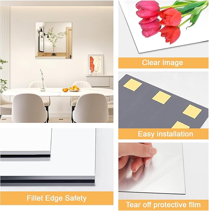 DARENYI 16x16 in Acrylic Mirror Sheet for Wall, 2.5mm Thick Unbreakable Non Glass Body Mirror Tile Self Adhesive Mirror Stickers Rectangular Wall Mirror for Bathroom Bedroom Home Gym Door Decor