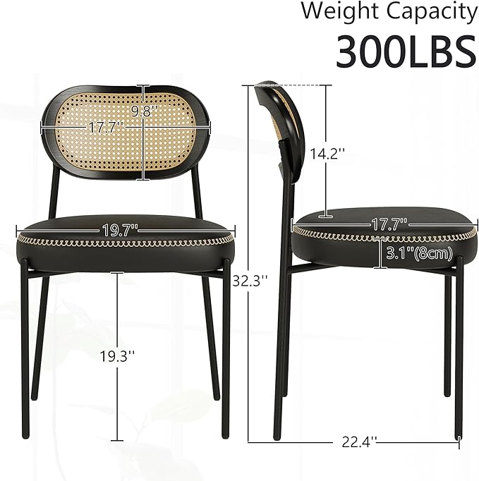 Rattan Dining Chairs Set of 2, Black Leather Upholstered Dining Chairs with Rattan Cane Back, Mid Century Modern Dining Room Chairs with Black Metal Legs & D-Shaped Thicken Cushion