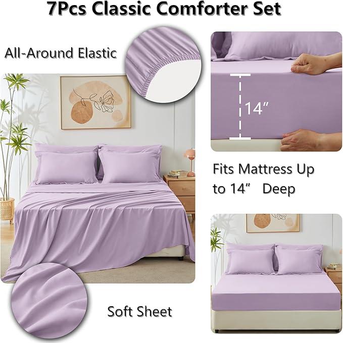 CozyLux King Size Comforter Set Light Purple - 7 Pieces Bed in a Bag King, Luxury Soft Lavender Bed Set for All Seasons, Bedding Set with Down Alternative Comforter, Sheets, Pillowcases & Shams