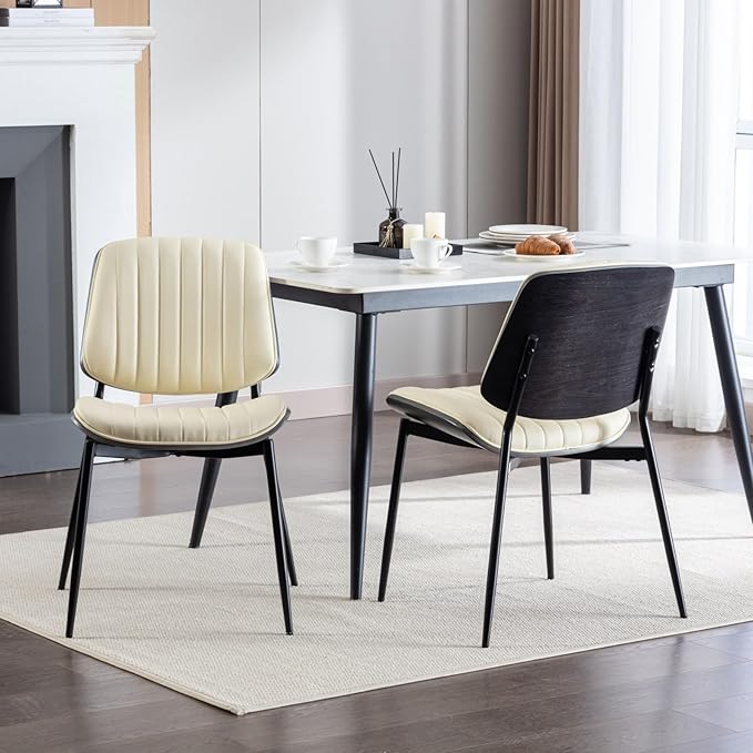 Dining Chairs Set of 2, Mid Century Modern Accent Dining Room and Kitchen Chairs, Upholstered PU Leather Vertical Stripe Chairs for Vanity with Walnut Bentwood and Metal Legs, Beige