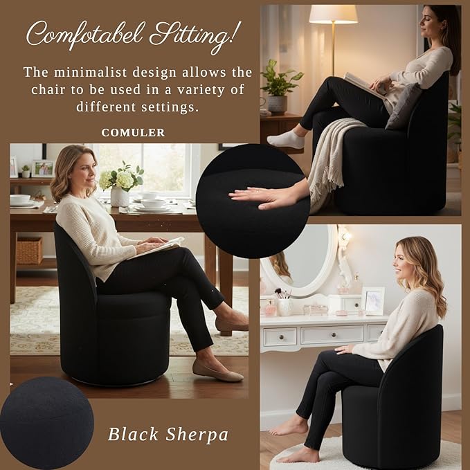 Modern Barrel Dining Chairs Set of 4, Swivel Base Black Sherpa Accent Chair 360°Rotating Mid-Century Dining Side Chair Kitchen Chair for Living Room, Bedroom, Home, Office, Kitchen