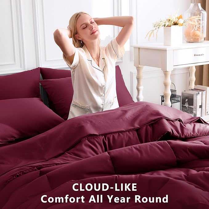 CozyLux Queen Comforter Set Burgundy, 7 Pieces Bed in a Bag, Red Comforter Queen Size, All Season Bedding Sets with Stitch Quilted Comforter, Flat Sheet, Fitted Sheet, Pillowcases