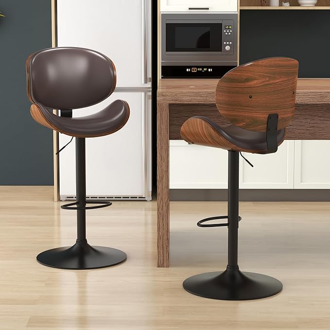 KCC Bar Stools Set of 4, Swivel Adjustable Height Barstools, PU Leather Upholstered Bar Chairs with Footrest, Bentwood Bar Stool for Kitchen, Bar, Dining Room(Brown PU)