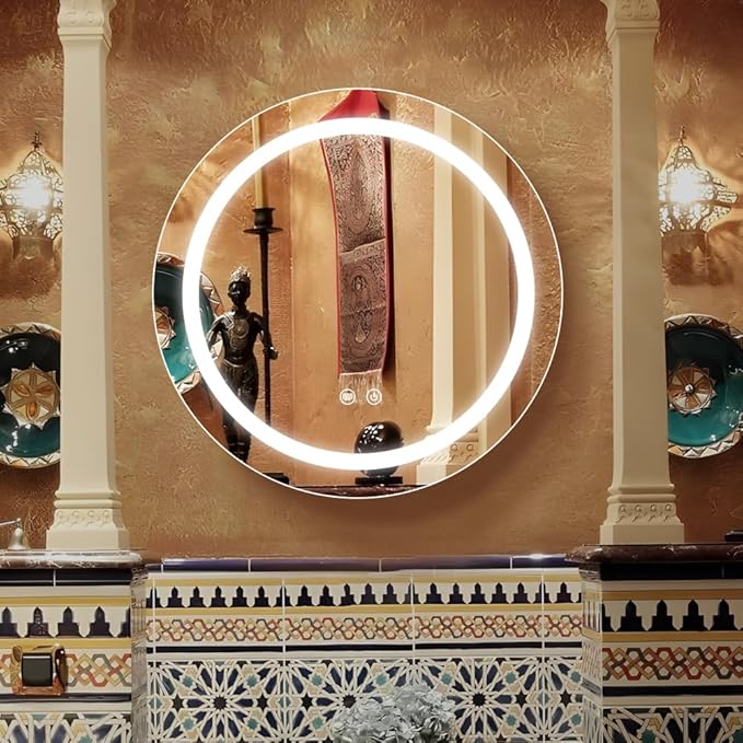 28inch Round Medicine Cabinet with Lights,Led Medicine Cabinet with Defogger,Illuminated Mirror Cabinet for Bathroom,Dimmable,Anti-Fog,3 Colors,Surface Mount only,Gold