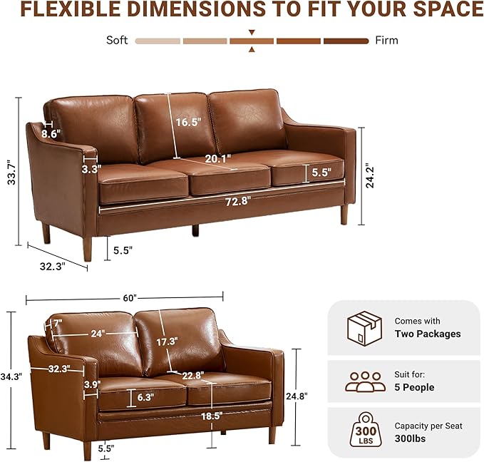 Kingfun Living Room Furniture Sets, 3 Seater Couch and Loveseat, Mid Century Modern Sofa Set, Faux Leather Couch with Solid Wood Frame for Living Room & Bedroom, Dark Brown