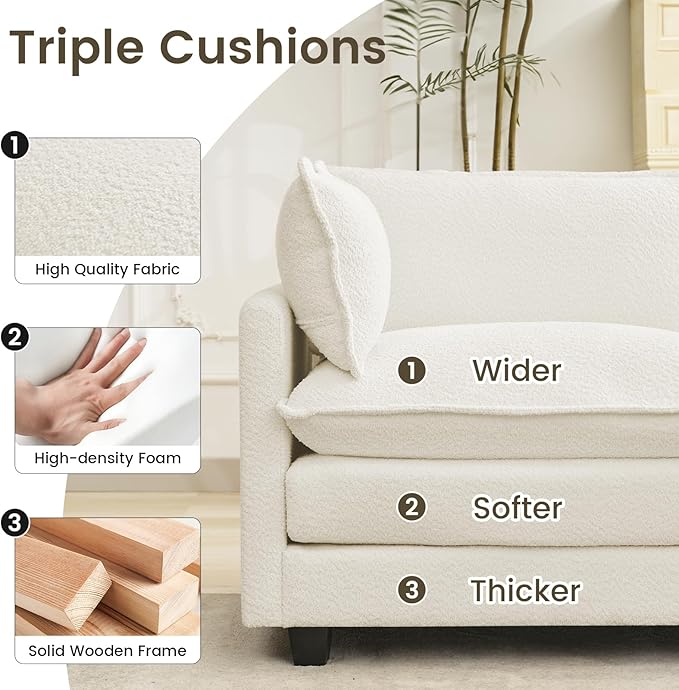 ROWHY Oversized Modular Sectional Couch with Movable Ottoman, 112" Modern Convertible L Shaped Sofa Set, 4 Seat Comfy Cloud Couch with 2 Throw Pillows, for Living Room and Office, Chenille, Beige