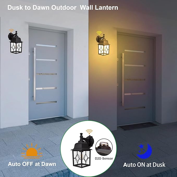 LIT-PaTH Dusk to Dawn Outdoor Wall Lantern, Matte Black Large Exterior Wall Light Fixture, E26 Base, Anti-Rust Aluminum Porch Lighting for Outside, Patio, Garage, 1 Pack