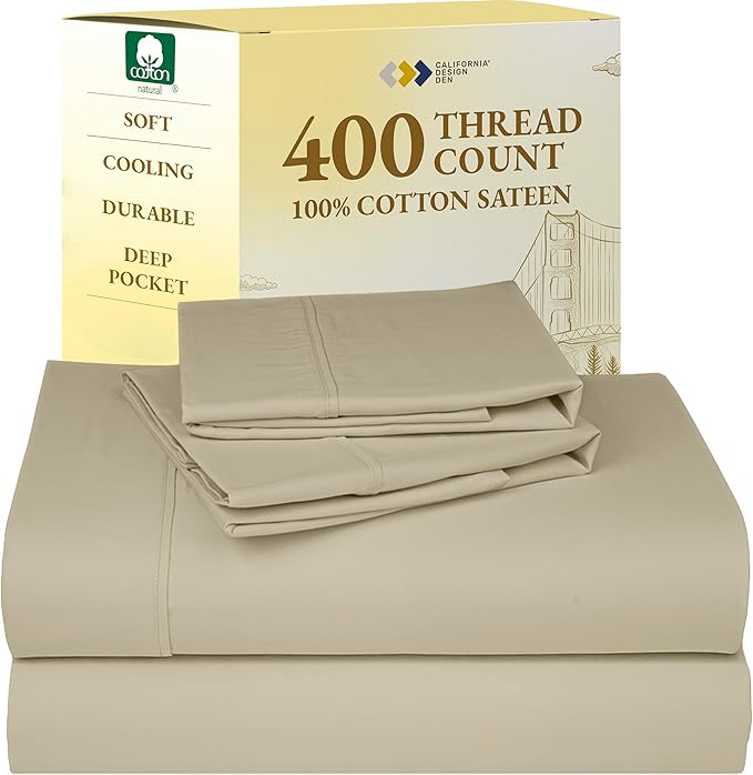 California Design Den California King Sheet Sets - Soft 400 Thread Count Sateen, 100% Cotton Bed Sheets with Deep Pockets, Breathable, Cooling and Durable Bedding Set - Beige (Golden Tone)