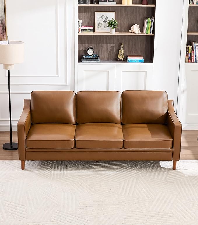Kingfun 80" Faux Leather Sofa, 3 Seater Couch, Mid Century Modern Couch with Solid Wood Frame for Living Room & Bedroom, Brown