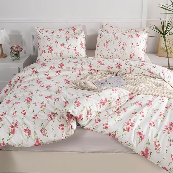 EAVD Chic Pink Floral Comforter Set Full Size Girls Soft Microfiber Garden Pink Floral Bedding Set with 2 Pillowcases Fresh Botanical Comforter Set for All-Season