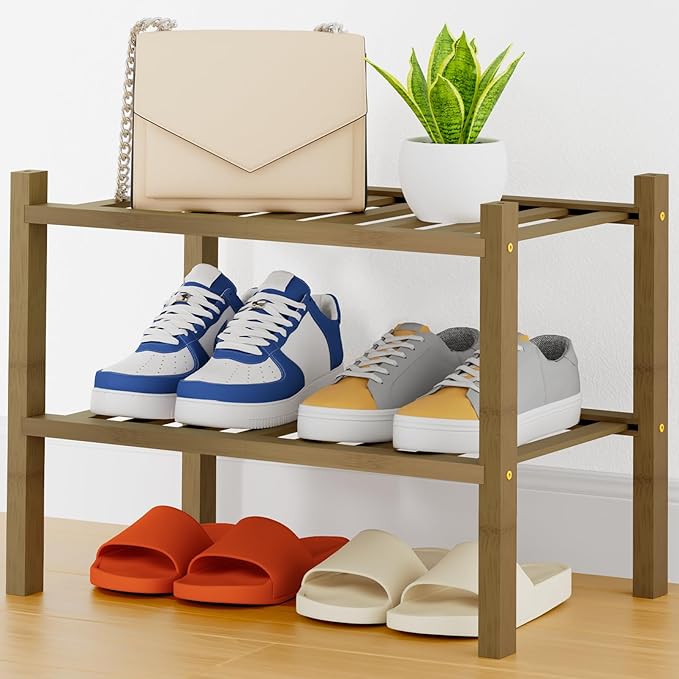 Smiry Shoe Rack, 2 Tier Thick Small Bamboo Shoe Organizer, Stackable Free Standing Wooden Shoe Storage Shelf for Closet, Entryway, Front Door Entrance, Walnut