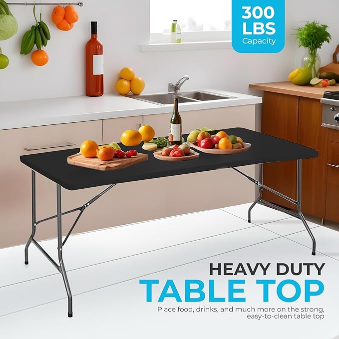 SIMPLI-Magic 6ft Portable Plastic Folding Table – 17% Thicker Than Others – Indoor & Outdoor Heavy-Duty Foldable Utility Table w/Handle for Party & Camping (Black)