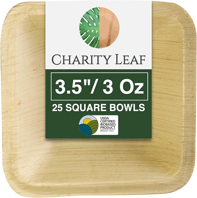 Charity Leaf Disposable Palm Leaf 3.5" Square Mini Bowl (25 pcs) Dipping Bowls | Bamboo Like| All Natural and Biodegradable | Charcuterie Boards, BBQs, and Parties