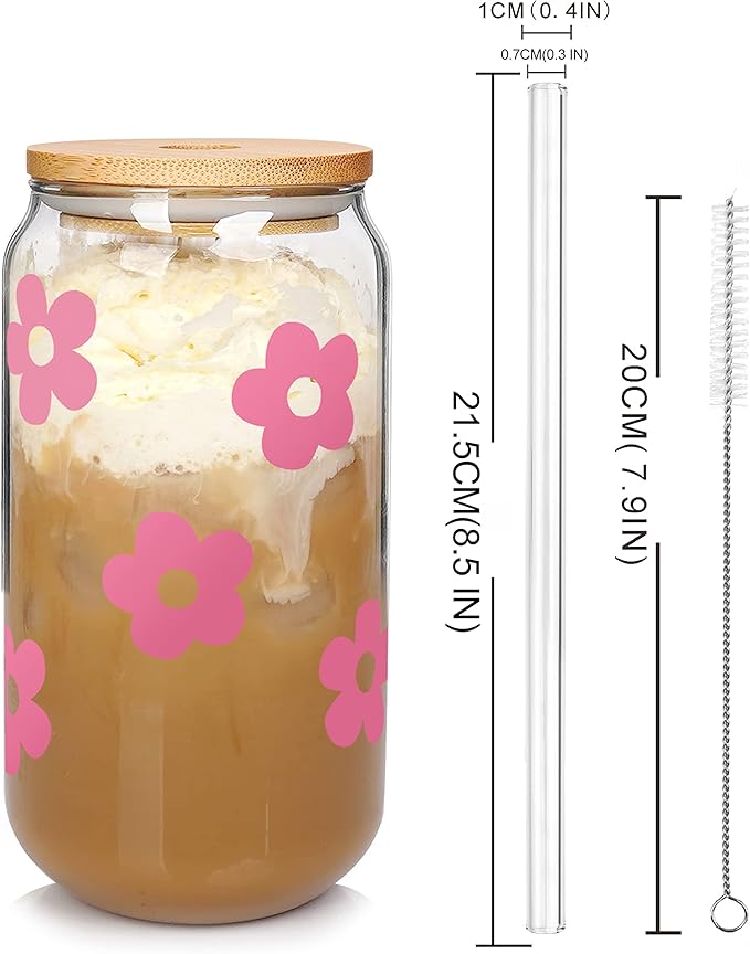 Mason Life Glass Cups with Lids and Straws, 20OZ Can Shaped Glass Cups, Drinking Glasses, Iced Coffee Glasses Cup, Smoothie Cups, Tumbler Glass, Reusable Iced Coffee Cup Drinking Glasses -Set of 2