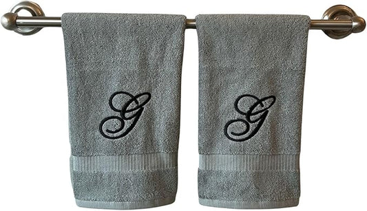 Gray Monogrammed Hand Towels for Bathroom - Luxury Hotel Quality Personalized Initial Embroidered Towel for Powder Room, Spa - GOTS Organic Certified - Set of 2 Black Letter G