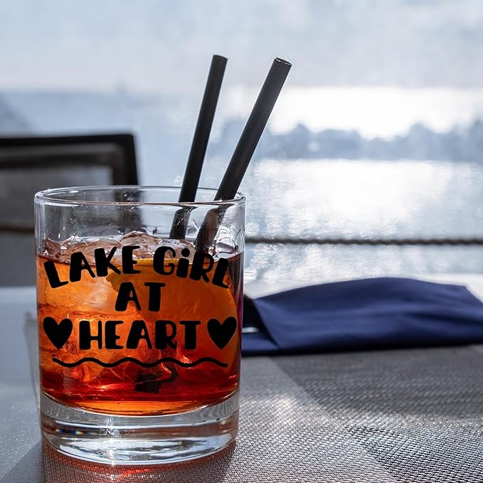 Lake Lovers Gifts Old Fashioned Whiskey Glasses, Lake Gifts for Women, Lakes Girl at Heart 10 oz Rocks Barware Cup for Cocktail Drinks Scotch Bourbon Liquor