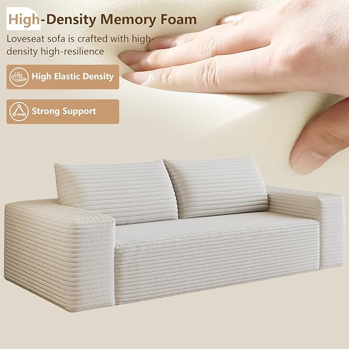 Cloud Loveseat Sofa, Modern Corduroy 2-Seater Couch with Deep Seat, No Assembly Required Memory Foam Sofa, Boneless Sofa in a Box for Bedroom, Apartment, Office,Small Space (White,63in)