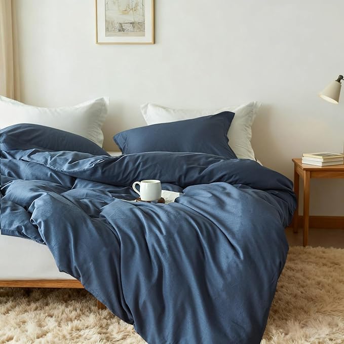 Simple&Opulence French Linen Duvet Cover Set 104"x 92"- 3 Pieces (1 Comforter Cover,2 Pillowcases)-Natural Flax Cotton Blend-Solid Color Breathable Farmhouse Bedding-Navy Blue, King
