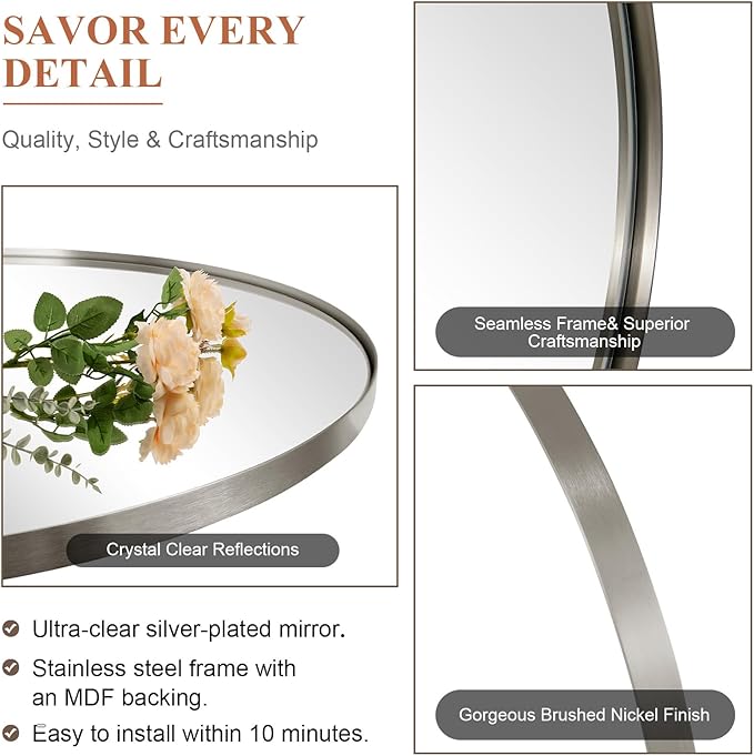 ANDY STAR Arched Mirror, 24 x 36 Inch Brushed Nickel Bathroom Mirror with Stainless Steel Metal Frame, Arch Top Rounded Corner 1 Inch Deep Set Design Wall Mount Hangs Vertical