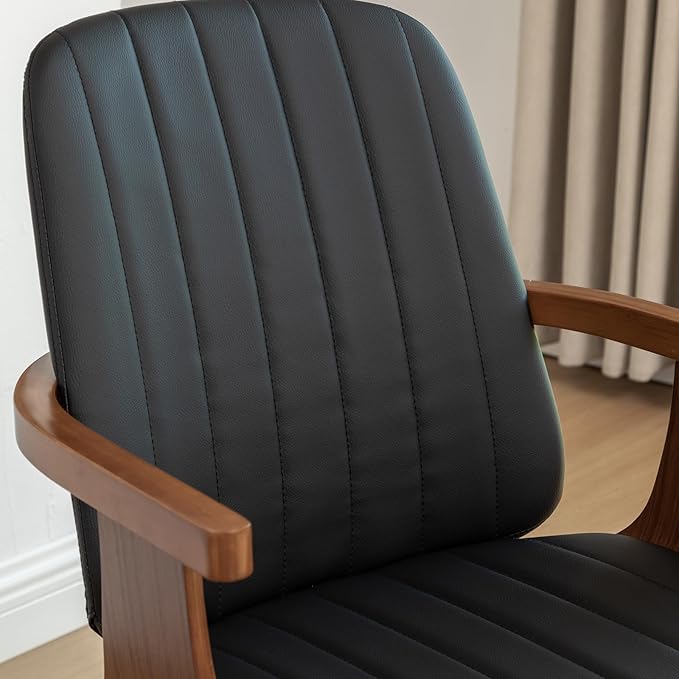 Swivel Dining Chairs, Set of 6 Kitchen Swivel Chairs with Walnut Craftsmanship, Upholstered Faux Leather, Wooden Arms and Legs, Walnut Dining Chairs for Kitchen/Living Room - Black