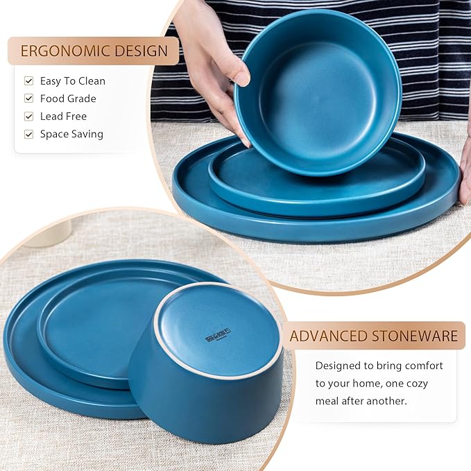 Dinnerware Sets for 4 - CJDC-QUELO 12-Piece Stoneware Plates and Bowls Sets, Ceramic Dishware Sets for Kitchen Use and Formal Dining, Chip and Scratch Resistant Microwave Dishwasher Safe, Blue