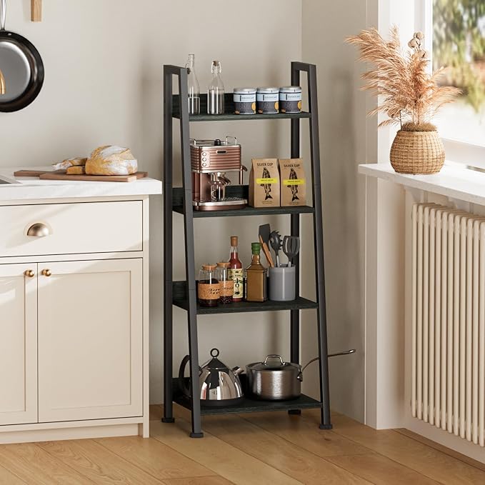 Furologee 4-Tier Ladder Shelf, Ladder Bookshelf with Removable Drawer, Bookcase Storage Rack Organizer, Freestanding Storage Shelves for Living Room, Home Office, Bedroom, Black Oak