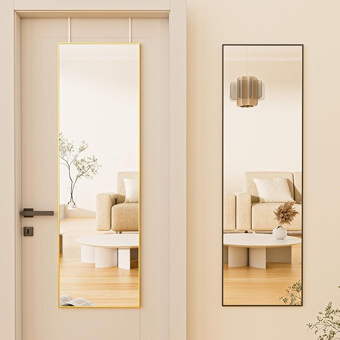 BEAUTYPEAK 16" x 50" Adjustable Height Over The Door Mirror, Full Length Hanging Door Mirror with Shatterproof Tempered Glass Aluminum Alloy Frame for Bedroom, Living Room, Bathroom, Dorm, Gold