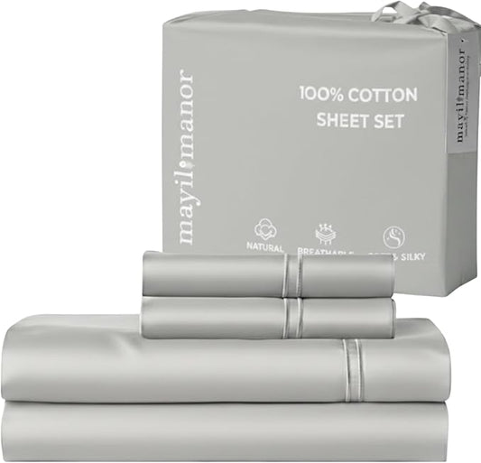 100% Natural Cotton Bed Sheets | 500 TC Single-Ply Sateen Weave King Size Sheets Set | Breathable & Hypoallergenic Solid 4-Piece Bedding with Deep Pocket Fitted, Flat, Pillowcase | Grey