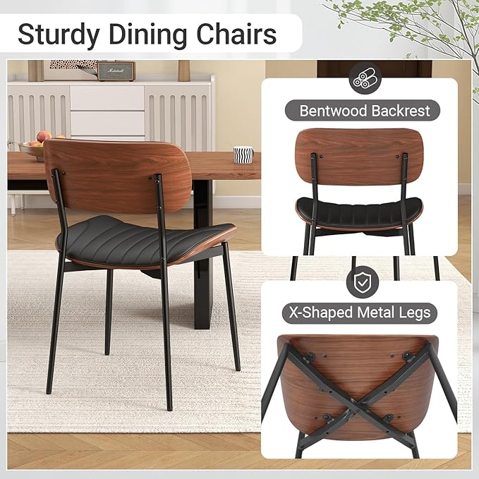 Mid Century Modern Dining Chairs Set of 4,Upholstered Faux Leather Kitchen Chairs with Walnut Bentwood Back and Metal Legs for Kitchen Dining Room Living Room, Black