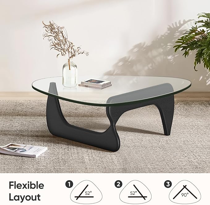 Triangle Glass Coffee Table with Solid Wood Base, 0.8'' Thick Clear Glass Top, 51'' Width Mid Century Modern Coffee Table for Living Room Bedroom Reception (Black)