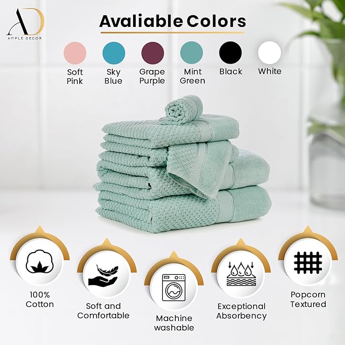 Ample Decor Bath Towels for Bathroom Set of 4 100% Cotton Popcorn Textured - Mint Green- 30 X 54 Inch