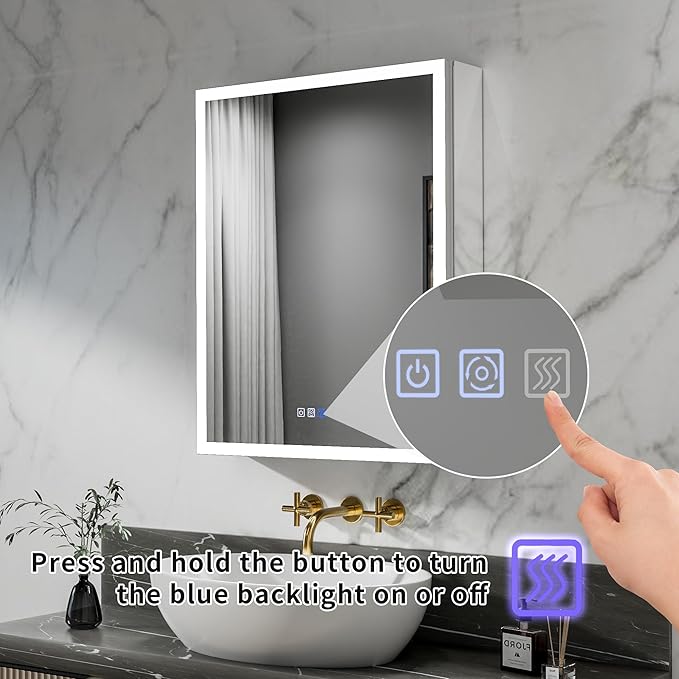GroGro Lighted Medicine Cabinet with Mirror and Storage,24" W x 30" H LED Bathroom Medicine Cabinet with Mirror,Surface or Recessed Mounting,Defog,Dimming,3-Color Temperature,Right Opening Door