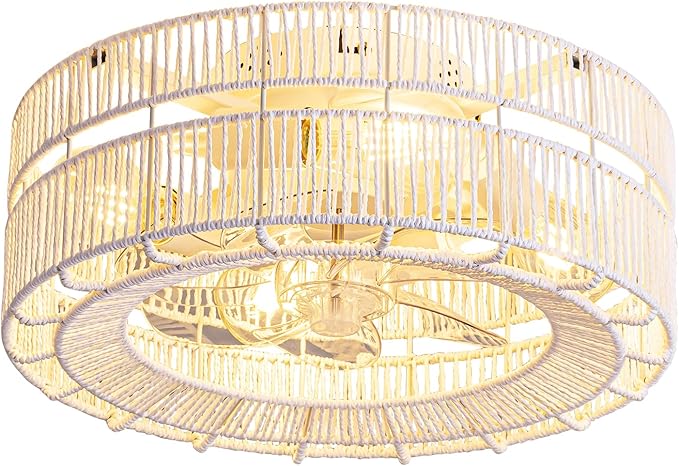 Boho Caged Ceiling Fans with Lights Flush Mount，Layered Rattan Ceiling Fan with Light Remote Control，White Farmhouse Low Profile 6 Speeds Ceiling Fan for Bedroom,Living Room,Kitchen,Dining Room