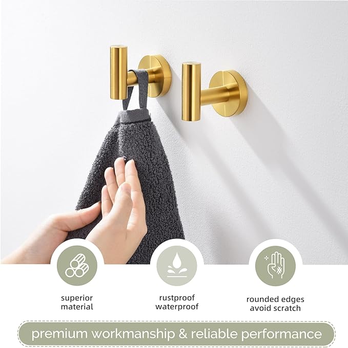 Angle Simple Bathroom Towel Hook 2 PCS, SUS304 Stainless Steel Bath Towel Robe Coat Holder, Heavy Duty Wall Hook, Brassy Gold
