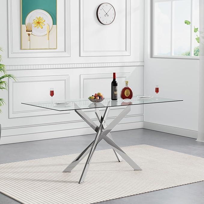 HomVent 51.18" Rectangular Clear Tempered Glass Dining Table,Stylish Design with Silver Metal Legs, Dining Table for Dining Room