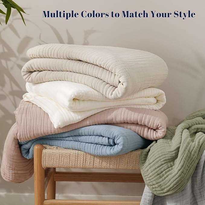 PHF Cooling Muslin Blanket Twin Size 60"x80", 6-Layer Lightweight Gauze Blanket Made from 35% Rayon Derived from Bamboo & 65% Cotton, Breathable & Ultra Soft Cozy, Aesthetic Home Decor, French Oak