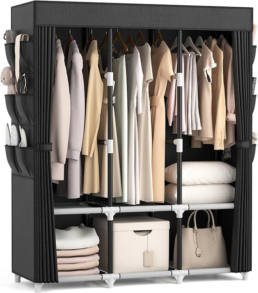 VTRIN Portable Closet Wardrobe for Hanging Clothes Closet with Cover, 3 Hanging rods, 6 Storage Shelves and Side Pocket, Diameter 19mm Metal Pipe, Sturdy Free Standing Closet for Bedroom, Black