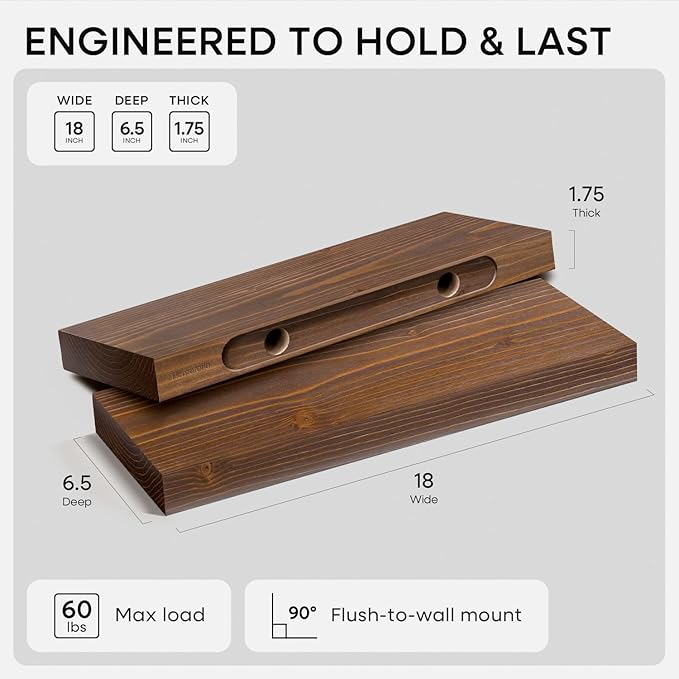 Homeforia Classic Walnut 18 inch Floating Shelf, High End Solid Real Wood Small 18inch Floating Shelves for Wall Mounted, 18in Floating Shelves, Heavy Duty Bracket, 18 X 6.5 X 1.75 inches, Set of 2