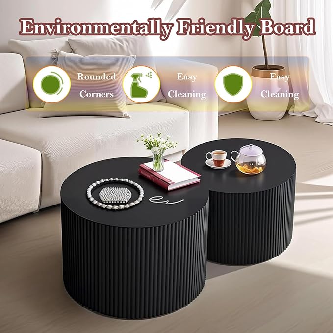 Black Round Fluted Coffee Table Set of 2 - Handcraft Embossed Design, Stylish Combination Center Drum Table for Living Room - No Assemble Needed (D-27.6IN+19.7IN)