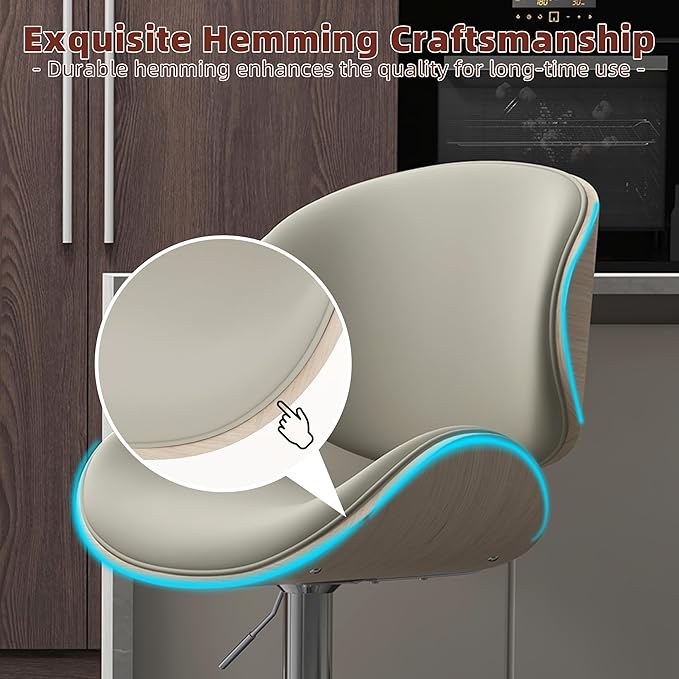 civama Bar Stools 1 PC for Kitchen Counter, Adjustable Bar Height Chairs, Modern Swivel Barstools with Bentwood Seat and Back with Footrest for Kitchen Island, Dining Room, Grey PU Leather