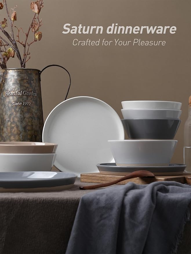 Famiware Saturn Dinnerware Set with Pasta Bowl, 16 Pieces Dish Set, Plates and Double Bowls Sets for 4, Chip and Scratch Resistant, Microwave and Dishwasher Safe Tableware, Multi-color