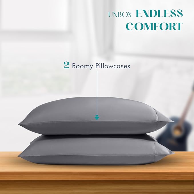XOOX Linen 100% Egyptian Cotton Pillow Cases Standard/Queen Size Set of 2 - Luxury 1200 Thread Count Sateen Dark Grey Pillow Cases, Silky Soft Cooling Pillowcases Fits Standard & Queen Size Pillows
